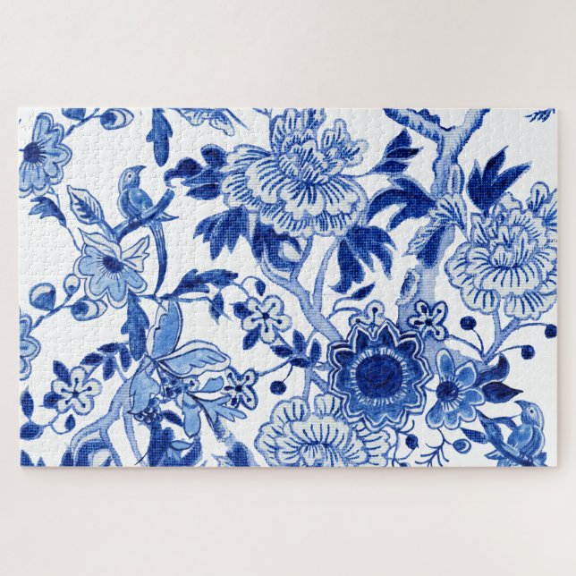 Chinoiserie Bird Floral Blue and White Tree Peony  Jigsaw Puzzle (Horizontal)