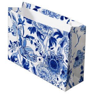 Chinoiserie Bird Floral Blue White Bridal Shower Large Gift Bag
