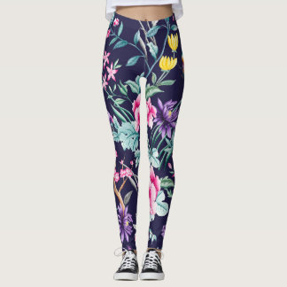 Chinoiserie birds and flowers midnight blue leggin leggings
