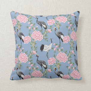 Chinoiserie birds and flowers periwinkle blue throw pillow