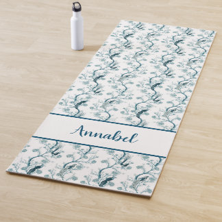 Chinoiserie birds and foliage petrol  blue yoga mat