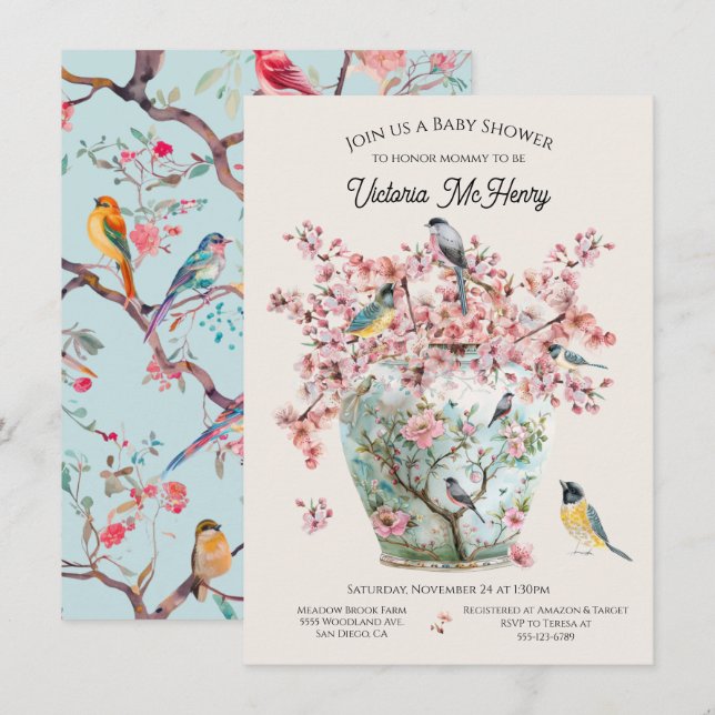 Chinoiserie Birds Cherry Blossoms Baby Shower Vase Invitation (Front/Back)