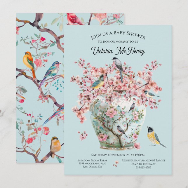 Chinoiserie Birds Cherry Blossoms Baby Shower Vase Invitation (Front/Back)