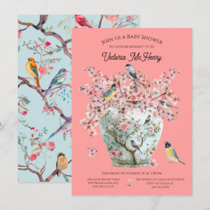 Chinoiserie Birds Cherry Blossoms Baby Shower Vase Invitation