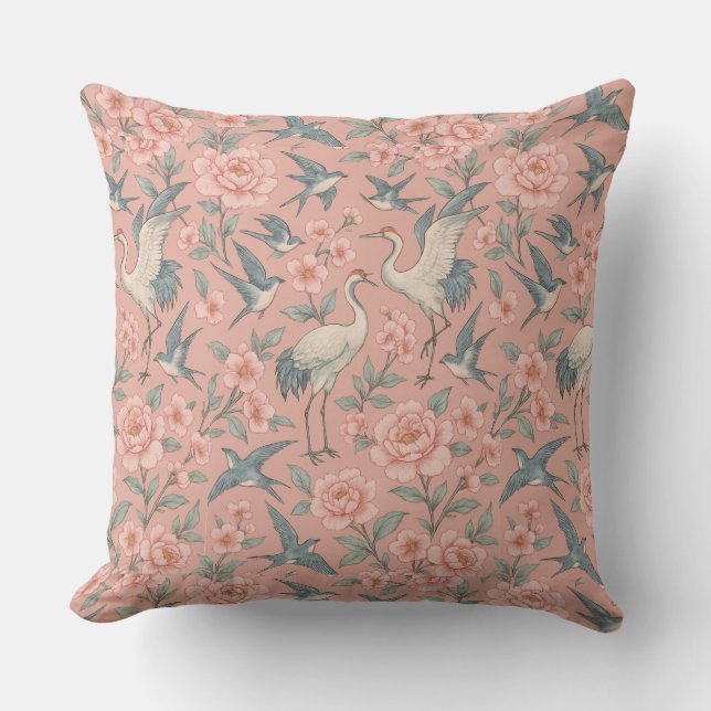Chinoiserie Birds & Cherry Blossoms Throw Pillow (Front)