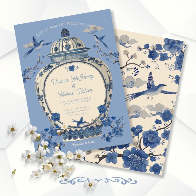 Chinoiserie Birds Floral Jar Wedding Invitation (Creator Uploaded)