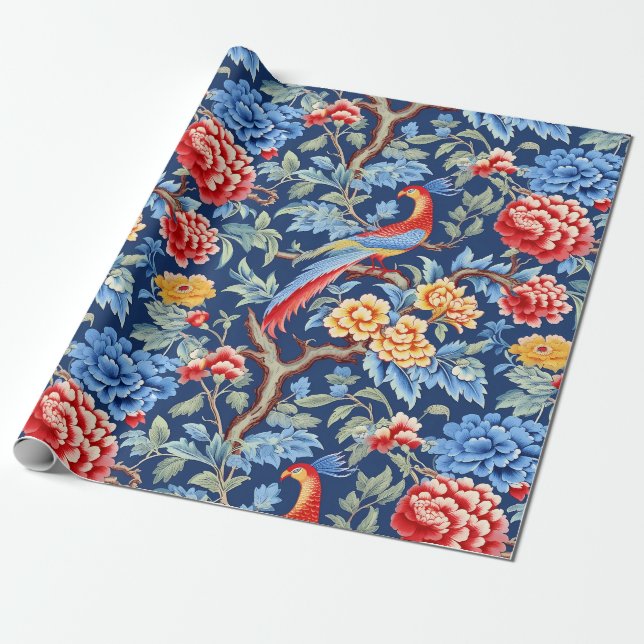 Chinoiserie Birds Floral Painting Wrapping Paper (Unrolled)