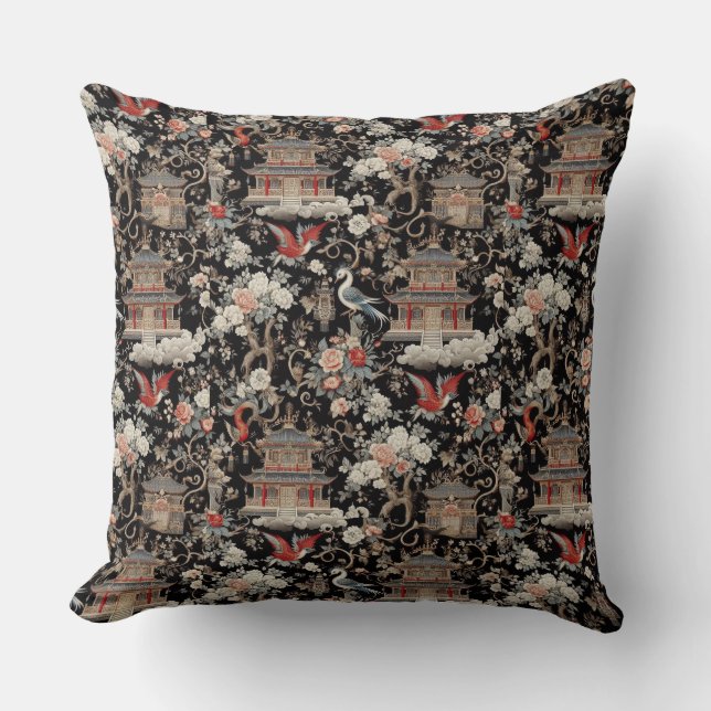 Chinoiserie Black Pagoda Throw Pillow (Front)