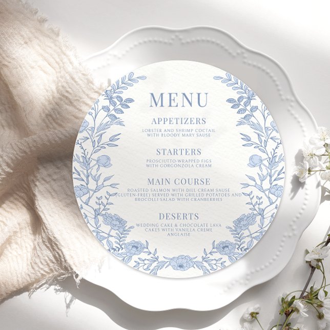 chinoiserie bleu classique mariage rond Menu plat (Créateur téléchargé)