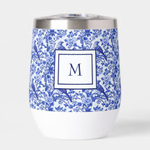 Chinoiserie bleue à motif floral et oiseau monogra