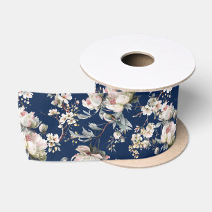 Chinoiserie Blossom and Bird Navy Blue Satin Ribbon