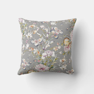 Chinoiserie Blossoms on Grey Background Throw Pillow