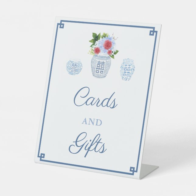 Chinoiserie Blue And Red Cards And Gifts Pedestal Sign (Front)