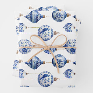 Chinoiserie Blue and White Christmas Ornaments Wrapping Paper Sheet