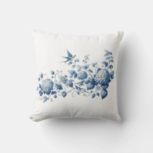 Chinoiserie Blue and White Floral and Bird Print Throw Pillow