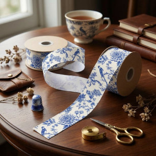 Chinoiserie Blue and White Floral Vintage Pagoda Satin Ribbon