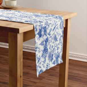 Chinoiserie Blue and White Floral Vintage Pagoda Short Table Runner