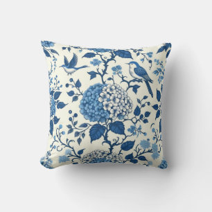 Chinoiserie Blue and White Flowers and Birds Throw Pillow