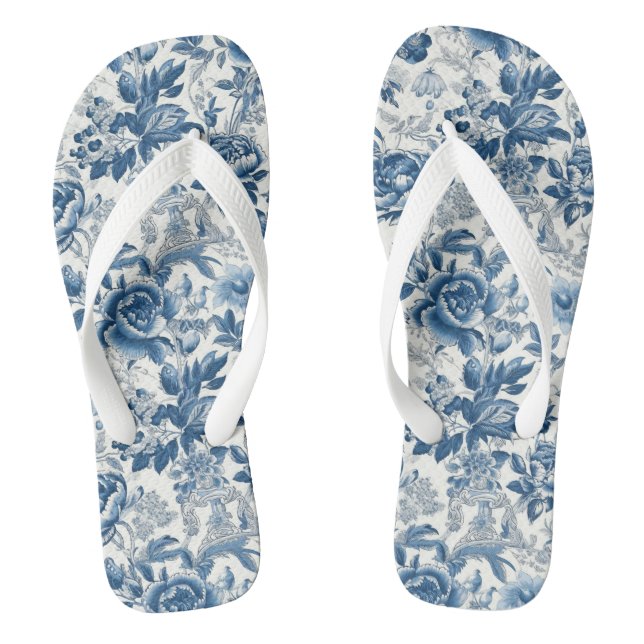 Chinoiserie Blue and White Peonies Floral Flowers Flip Flops (Footbed)