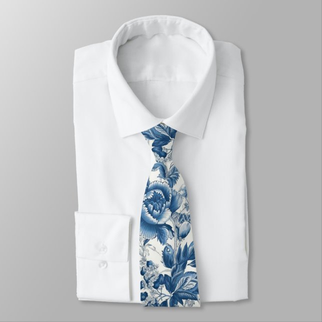 Chinoiserie Blue and White Peonies Floral Flowers Tie (Tied)