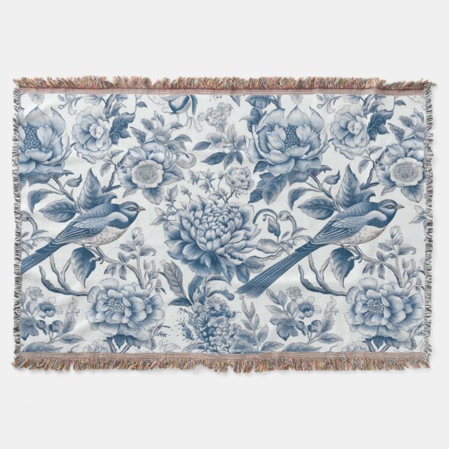 Chinoiserie Blue and White Peonies Flowers Birds Throw Blanket (Front)