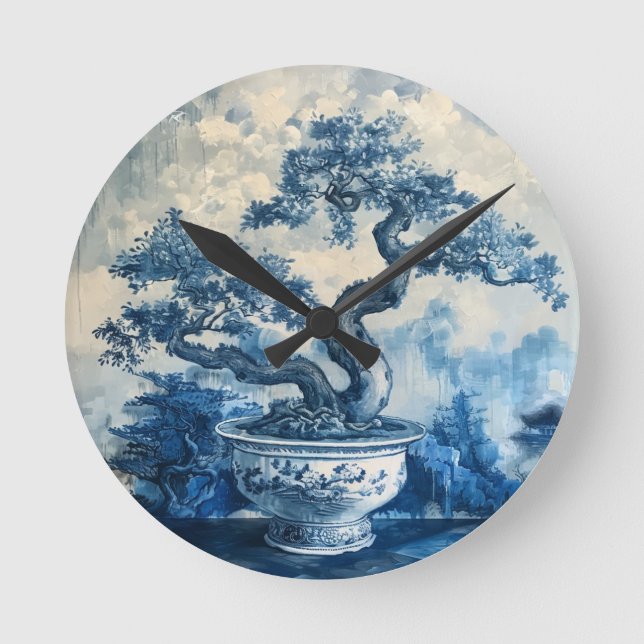 Chinoiserie Blue and White Porcelain Design  Round Clock (Front)