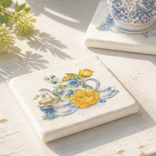 Chinoiserie Blue and White Teapot Roses Tea Party Stone Coaster
