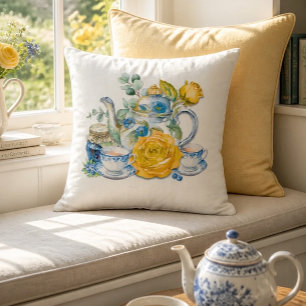 Chinoiserie Blue and White Teapot Roses Tea Party Throw Pillow