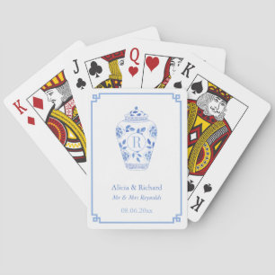 Chinoiserie Blue And White Wedding Crest Monogram Playing Cards