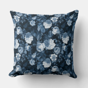 chinoiserie blue antique Redouté roses pattern Throw Pillow