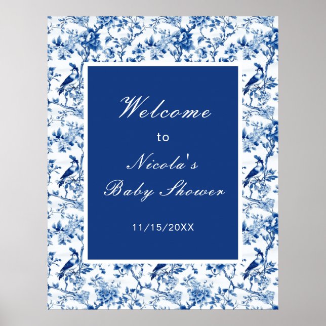 Chinoiserie Blue Birds and Flowers Baby Shower Poster (Front)