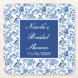 Chinoiserie Blue Birds and Flowers Bridal Shower Square Paper Coaster