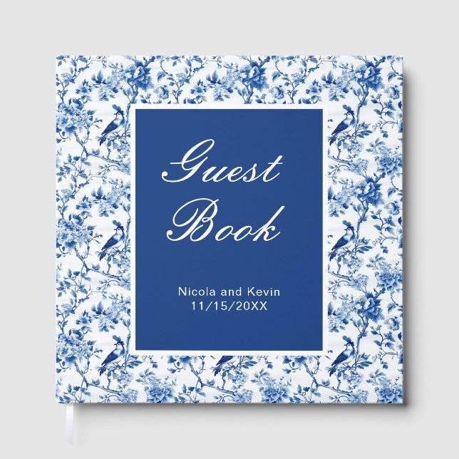 Chinoiserie Blue Birds and Flowers Wedding Guest Book (Front)