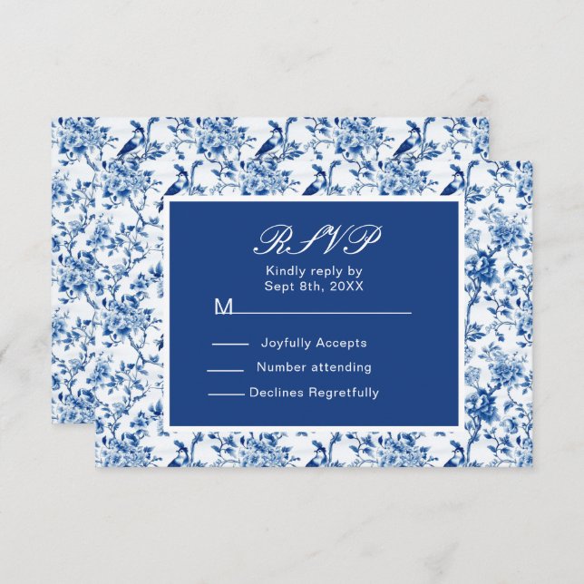 Chinoiserie Blue Birds and Flowers Wedding RSVP Card (Front/Back)