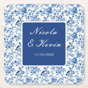 Chinoiserie Blue Birds and Flowers Wedding Square Paper Coaster