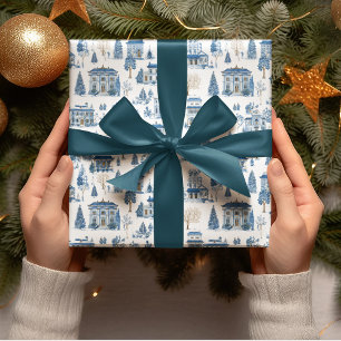 Chinoiserie Blue Christmas Village Wrapping Paper