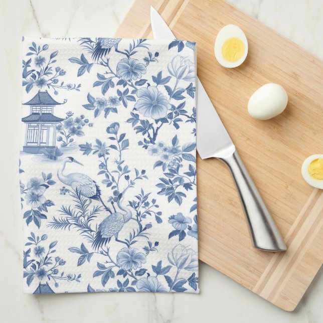 Chinoiserie Blue Crane Kitchen Towel (Quarter Fold)