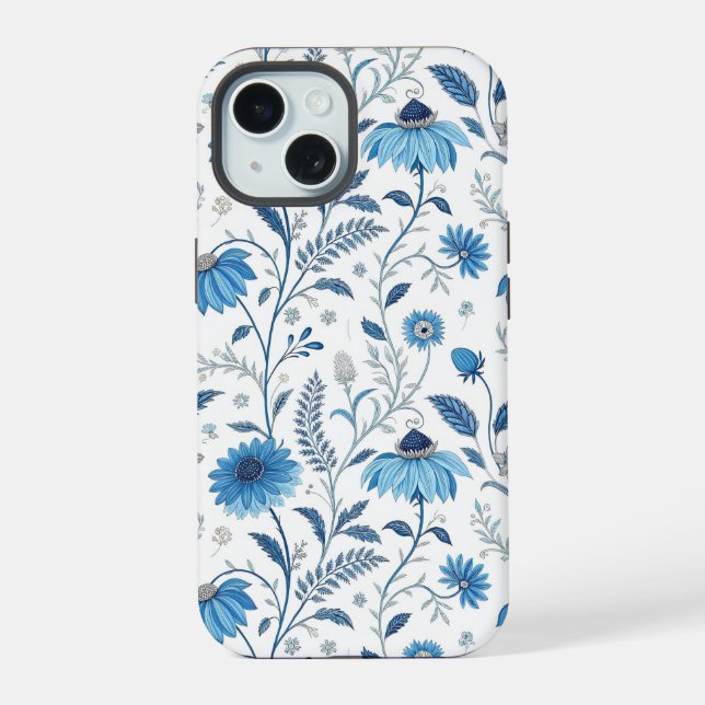 Chinoiserie Blue Echinacea Pattern iPhone 15 Case (Back)