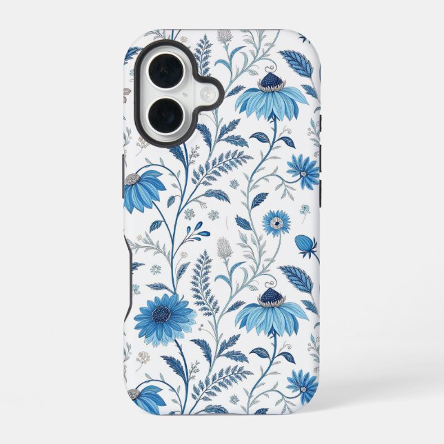 Chinoiserie Blue Echinacea Pattern iPhone 16 Case (Back)