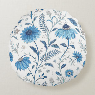Chinoiserie Blue Echinacea Pattern Round Pillow