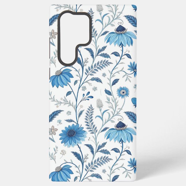 Chinoiserie Blue Echinacea Pattern Samsung Galaxy S22 Ultra Case (Back)