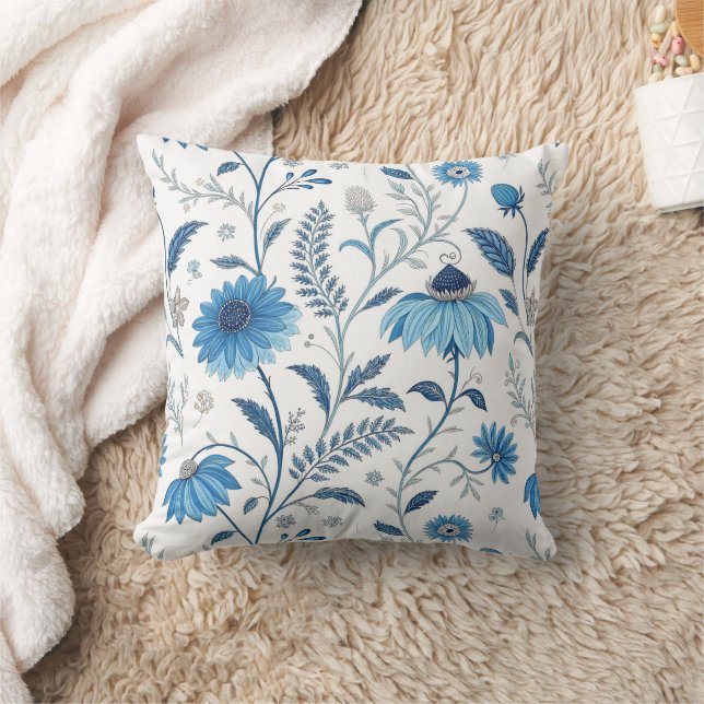 Chinoiserie Blue Echinacea Pattern Throw Pillow (Blanket)
