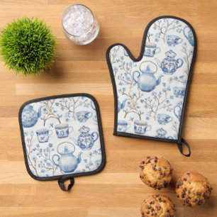 Chinoiserie Blue Floral Bridal Shower Oven Mitt & Pot Holder Set