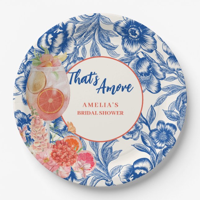 Chinoiserie blue floral Thats Amore Bridal Shower  Paper Plate (Front)