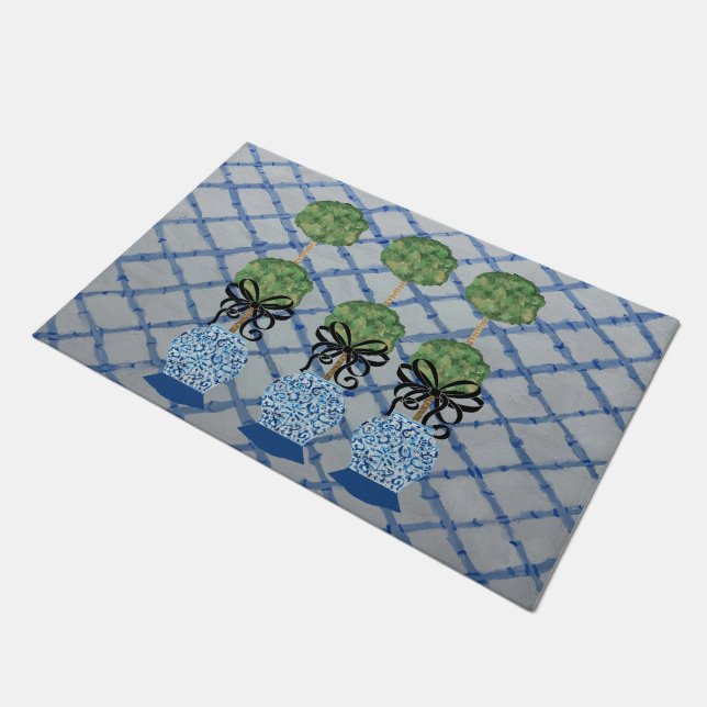 Chinoiserie Blue Ginger Jars Doormat Welcome Mat (Angled)