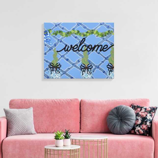 Chinoiserie Blue Ginger Jars Topiary Canvas Print (Insitu(LivingRoom))
