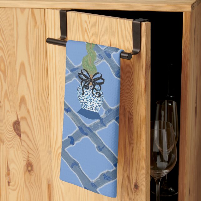 Chinoiserie Blue Ginger Jars Topiary Kitchen Towel (Thirds Fold)