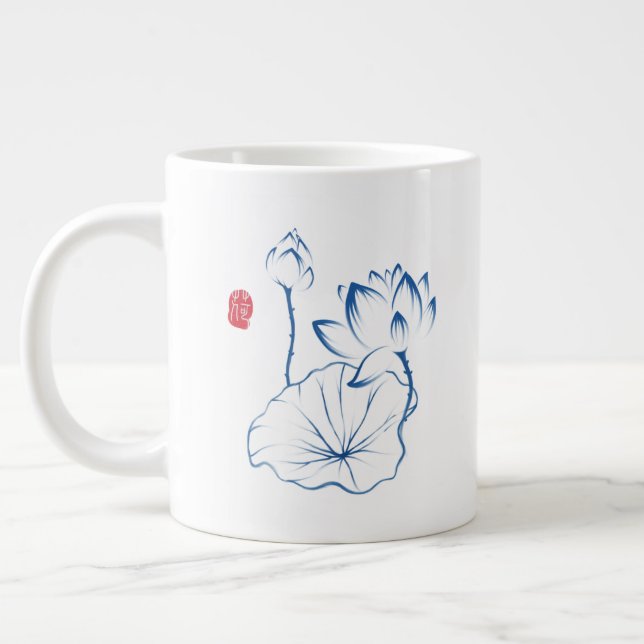 Chinoiserie Blue Lotus Inspiring Quote Large Coffee Mug (Left)