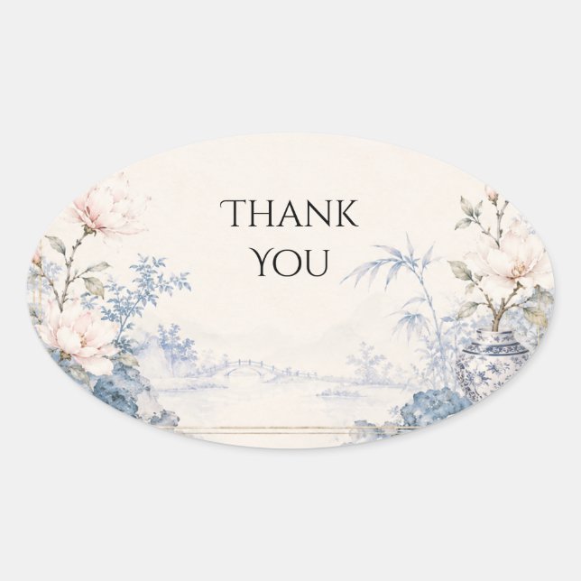 Chinoiserie Blue Magnolia Wedding Thank You Oval Sticker (Front)