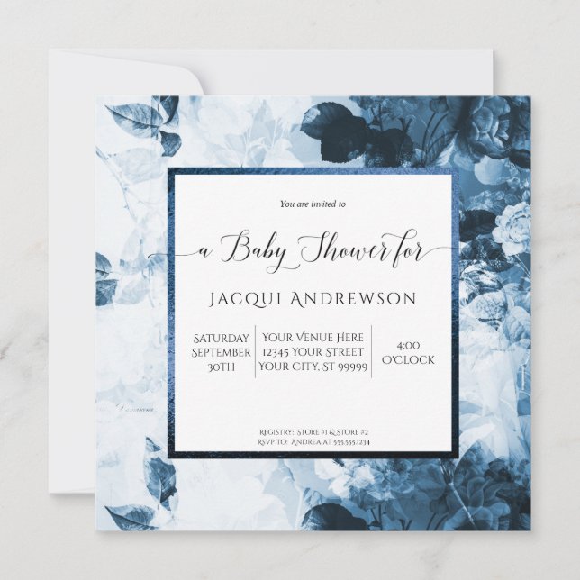 Chinoiserie Blue n White Floral Script Baby Shower Invitation (Front)